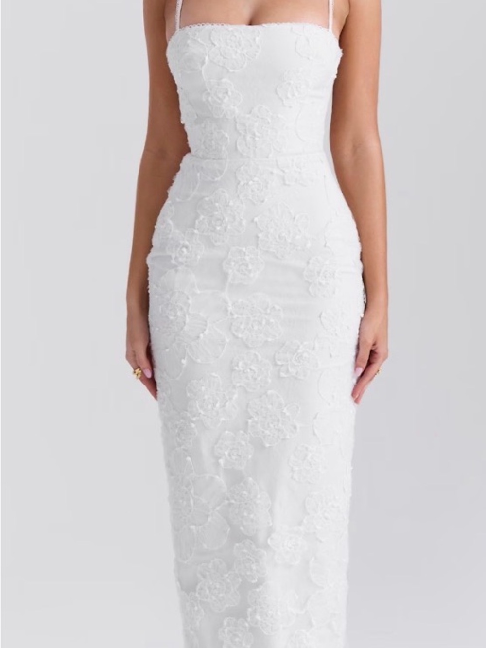 House of CB White Strapless Floral Lace Column Gown
